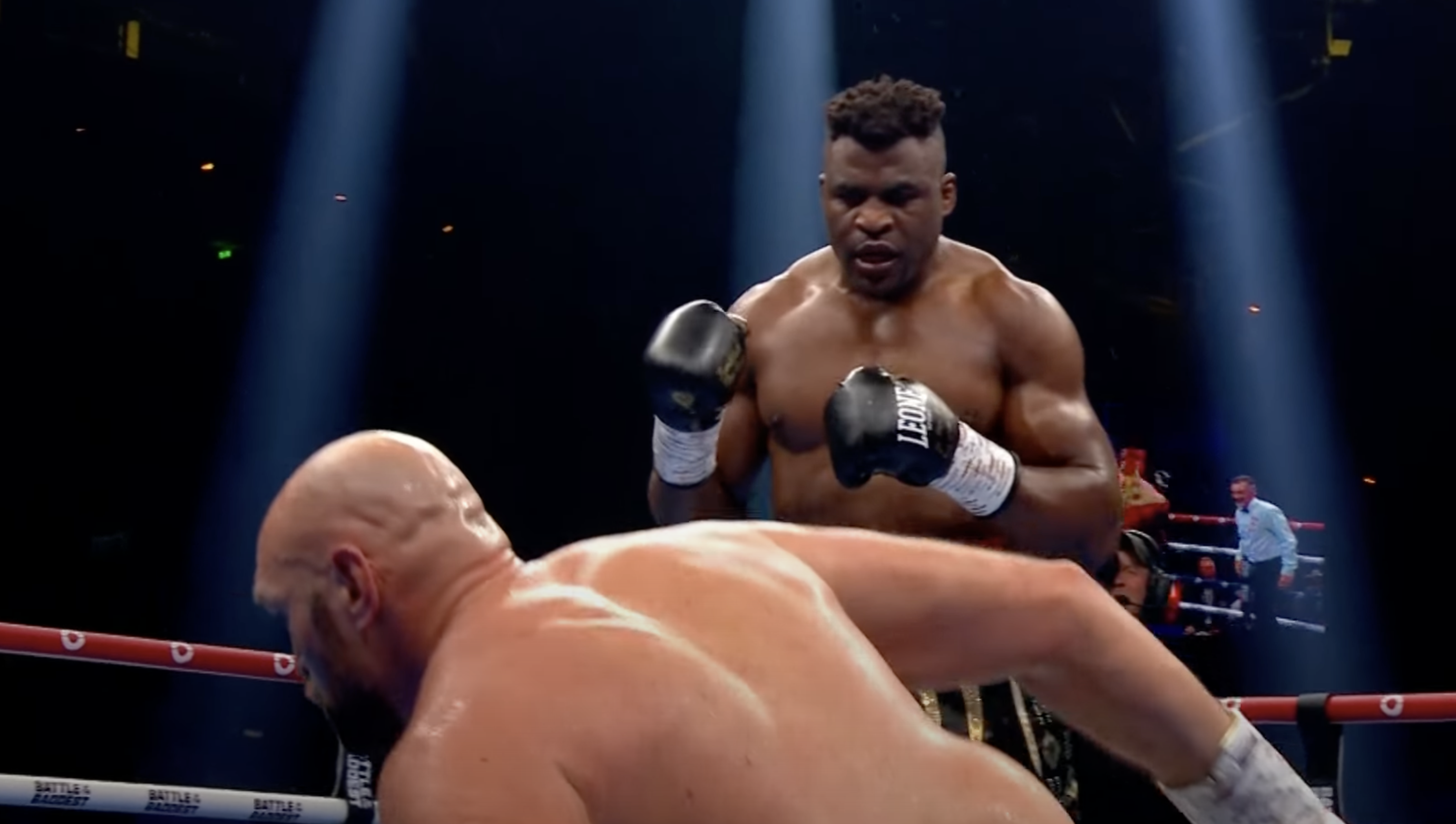 Tyson Fury on the floor after getting knocked down by UFC star Francis Ngannou.